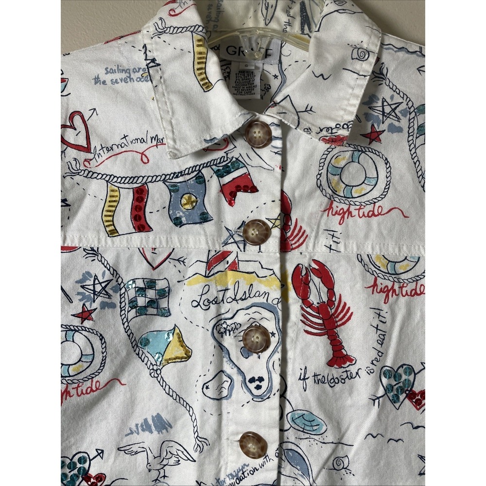 Vintage GRAFF Cropped Embellished Jacket Nautical Coastal Doodle Print Women's S - Picture 2 of 15